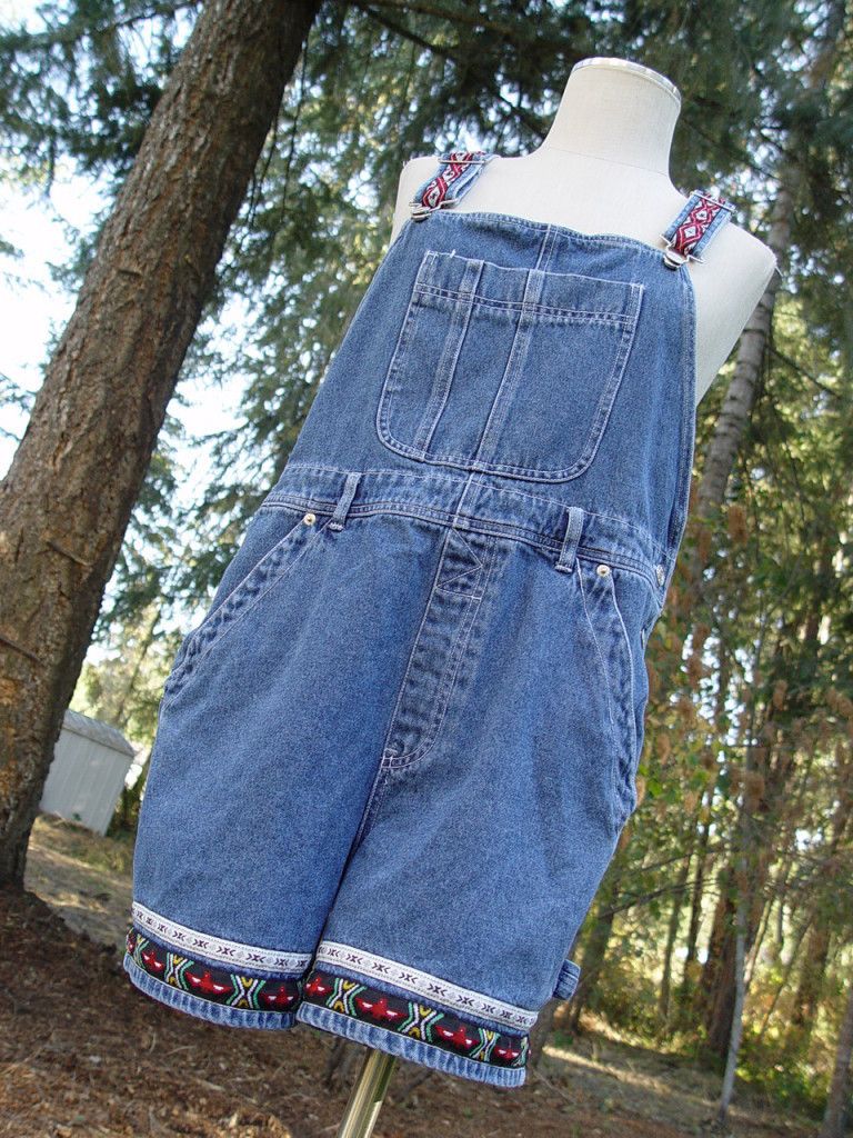 Vintage 80s JEAN JUMPSUIT Overalls Aztec Tribal Grunge Romper Shorts 