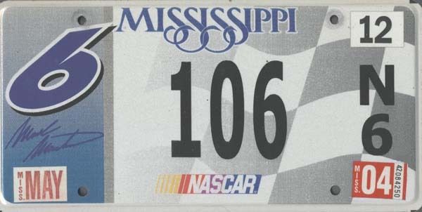 NASCAR Car License Plate Tag Mark Martin Number 6