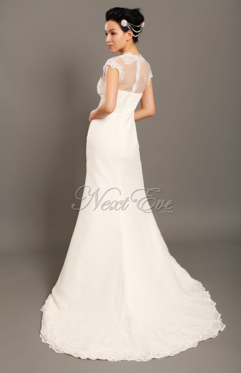 Line Cap Sleeve Chapel Train Lace Wedding Dress Gown