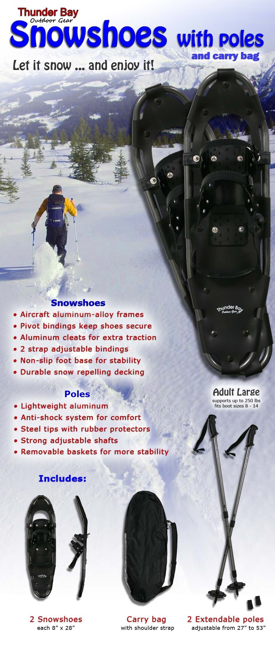 Adult Winter Snow Shoes w/ Poles & Bag Snowshoes