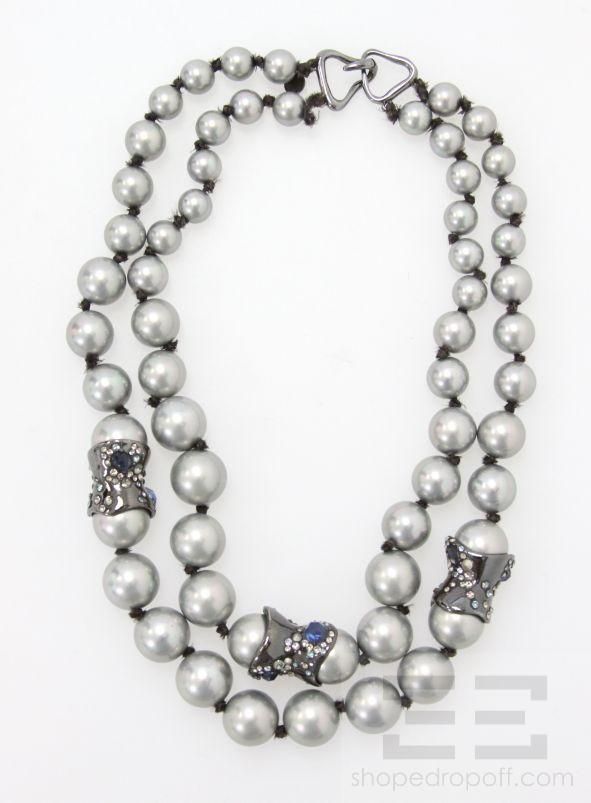 Alexis Bittar Silver Pearl Beaded Jeweled Double Strand Necklace