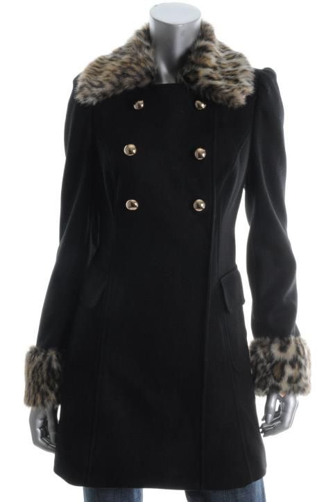   Nostalgia Black Faux Fur Collar and Cuffs Aline Pea Coat s BHFO