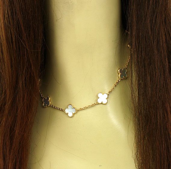 Designer Van Cleef Arpels Alhambra 18K Gold Mother of Pearl Necklace w 