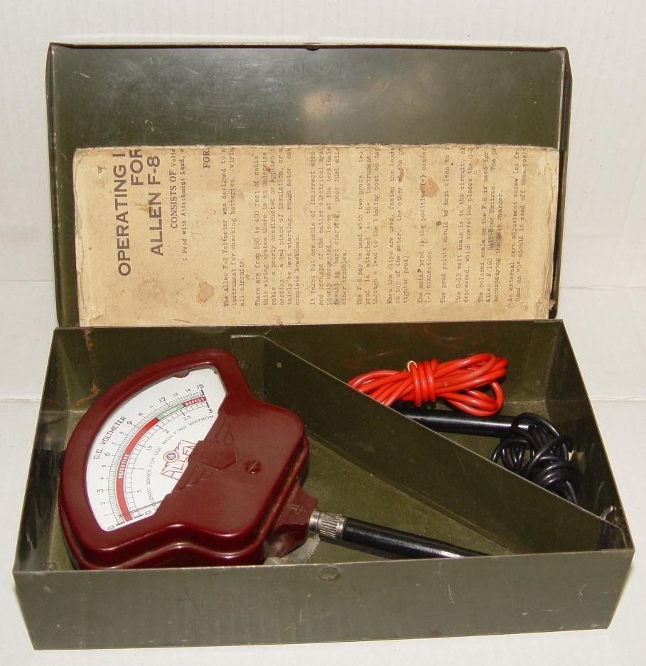 Vintage Allen Automotive F 8 DC Voltmeter w/Instructions, Red Bakelite 