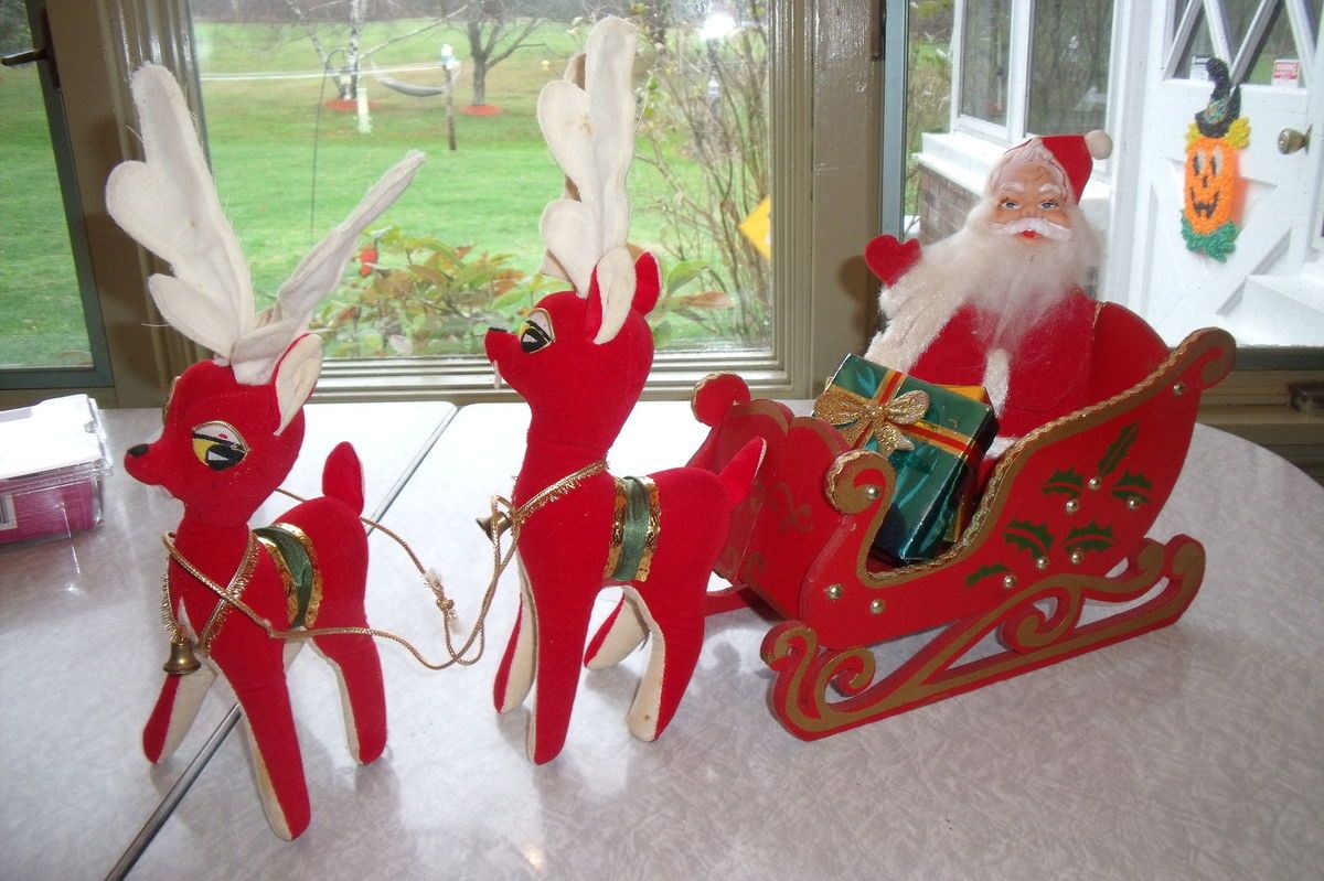 Vintage 50s Christmas Santa Sleigh Reindeer Decoration Centerpiece