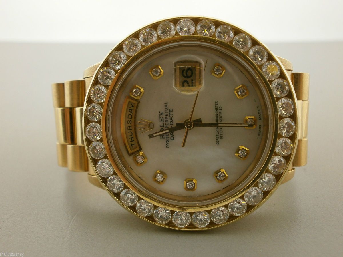   PRESIDENT 18238 DAY DATE 18K WATCH WITH 6 CARAT FINE DIAMOND BEZEL WOW