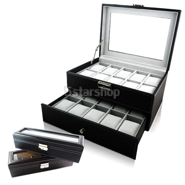 Leather Mens Watch Box Display Case Organizer Glass Top Jewelry 