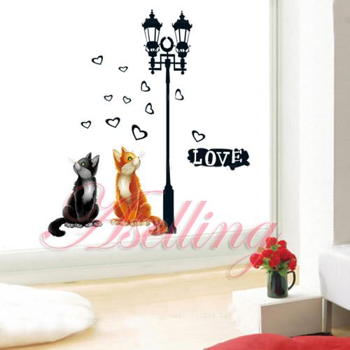 Love Two Cat Heart Lamp DIY Removable Art Vinyl Wall Sticker Decor 