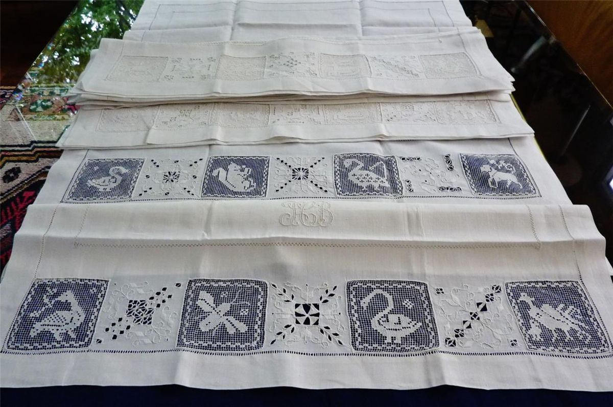 10 Antique Italian Linen Dinner Napkins Figural Filet Reticella Lace 