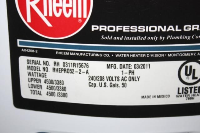 Rheem 50 Gallon Electric Professional Residental Water Heater RHEPRO52 