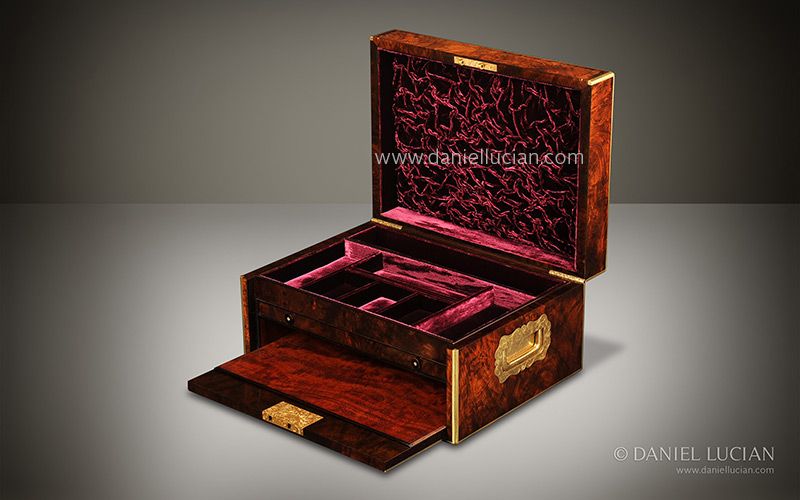 Walnut Antique Jewellery Jewelry Box with Drop Front Concealed Drawers 