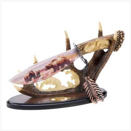 Grizzly Bear Knife w Deer Antler Handle Display Stand