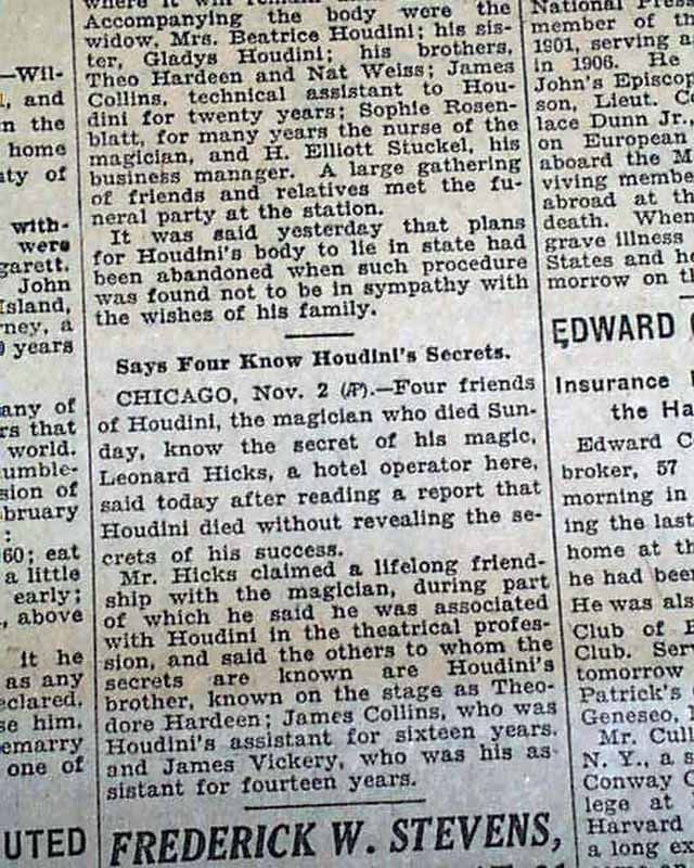 HARRY HOUDINI Magic Escape Artist funeral rites 1926 Newspaper