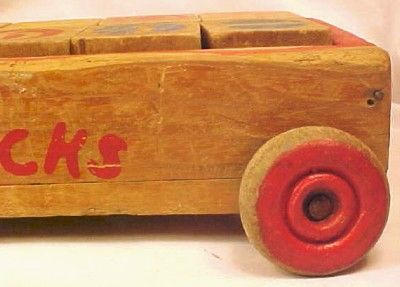 Vintage Childs Whimsie Toy Blocks in Wooden Wagon Nice