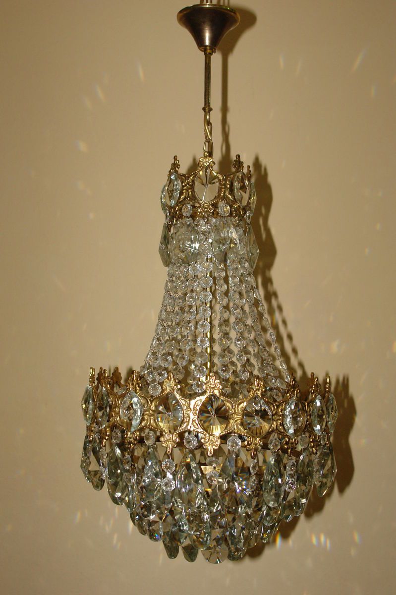 Antique Crystal Chandelier Lamp Lighting Cast Brass