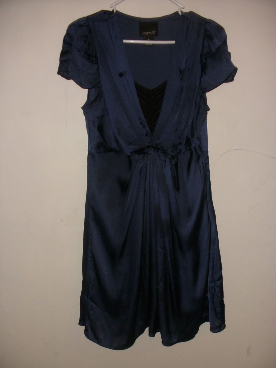 aryn K womens navy blue drapy dress short cap sleeve sz m silky 