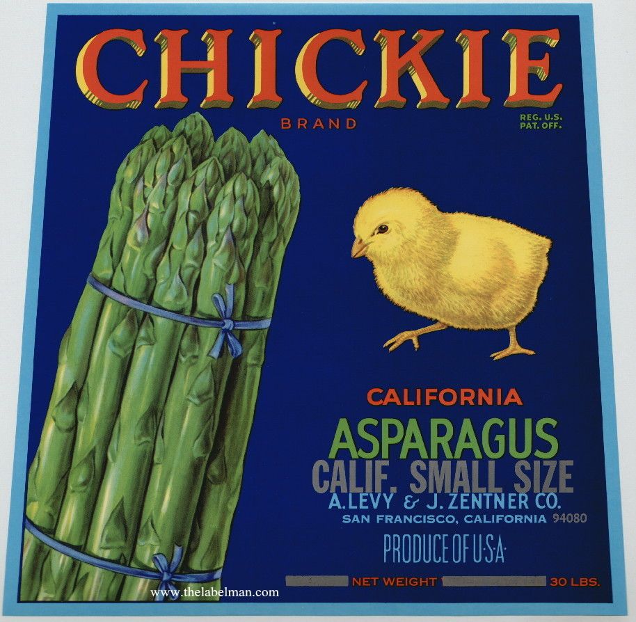 Chickie Vintage Asparagus Crate Label Chicken Bird Blue