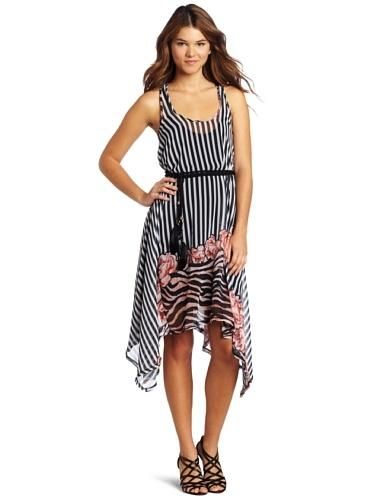 Awake Couture Chiffon Dress Belt Feathers Sleeveless Stripe Flower w 