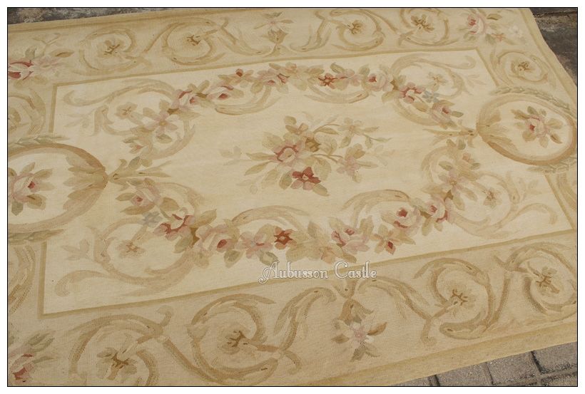 4x6 Hand Woven Aubusson Area Rug Pastel Beige Cream Vintage French 