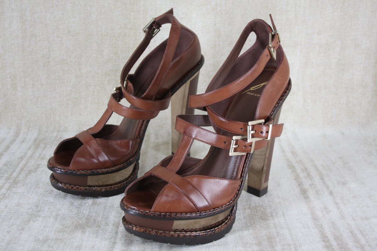 Brian Atwood Teatro High Heel Platform Sandals Brown Leather Size 