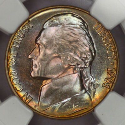 1961 D Jefferson Nickel NGC MS66 Mint Set Toning Monster Rainbow Color 