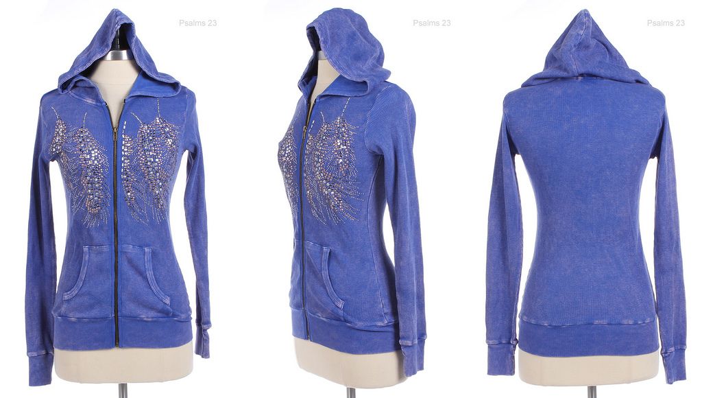 Zip Up Thermal Hoodie with Rhinestones Detail Front Blue S