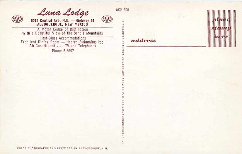 NM Albuquerque New Mexico Luna Lodge Motel Route 66 Mcgarr No ACK506 