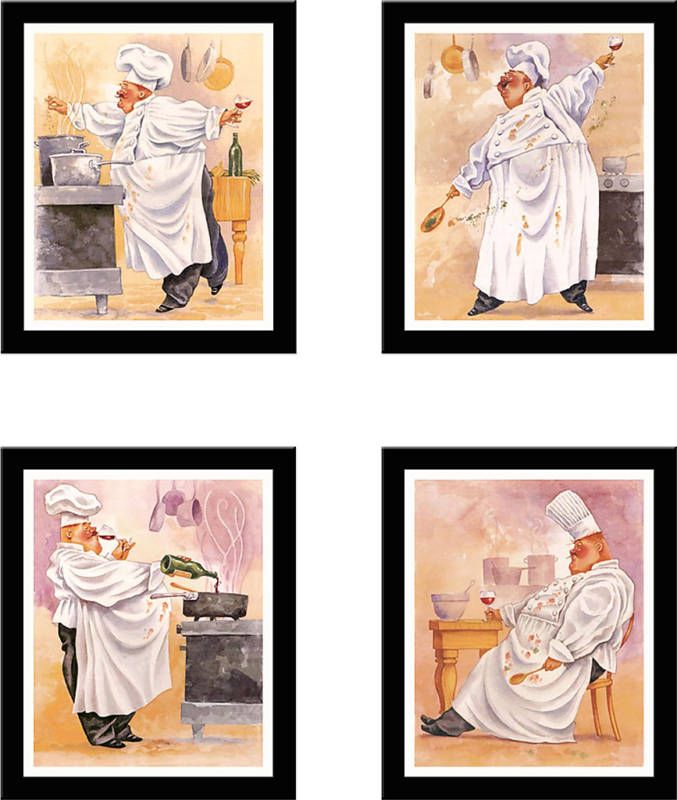 Chef Kitchen Food Wine Art Framed Matted Set John Bardwell