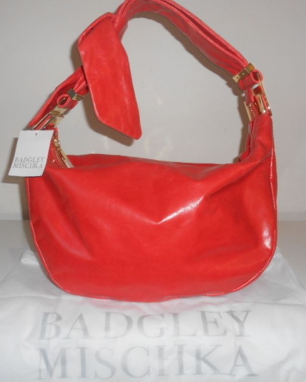 New Badgley Mischka Handbag Carina Orange Red Glazed Leather Hobo Bow 