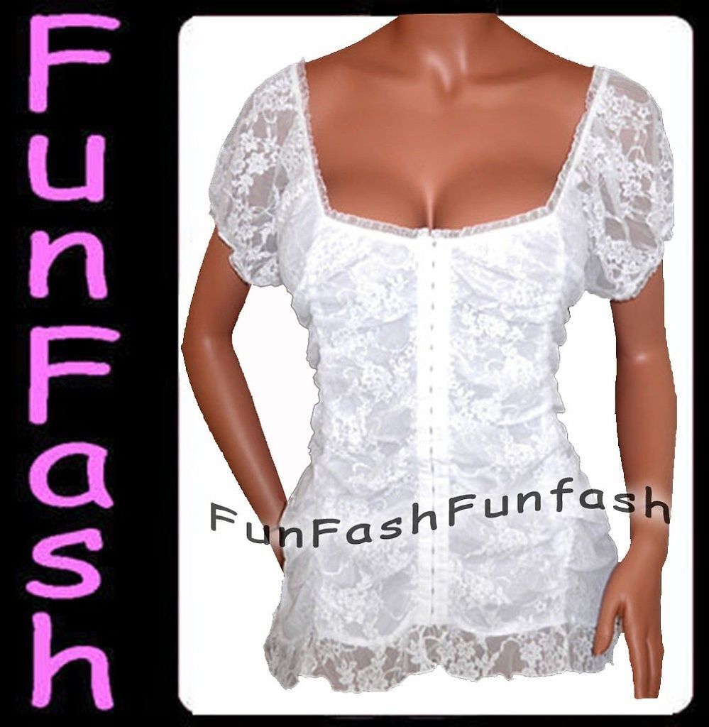 AC2 FUNFASH WHITE LACE EYELETS CORSET SeXy TOP SHIRT CLOTHING Plus 