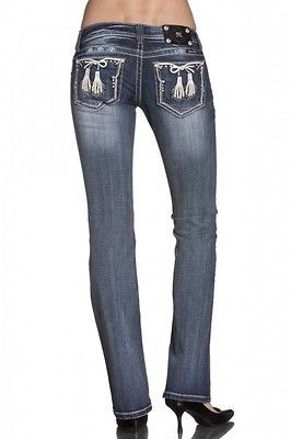 112 MISS ME JEANS RIBBON TASSEL POCKETS BOOT CUT BUCKLE EXCLUSIVE 