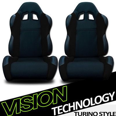 2x Universal Fit Black Fabric & PVC Leather Reclinable Racing Seats 
