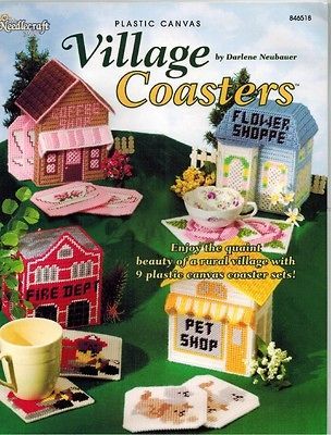 Village Shops Barn School Fire & Houses 9 Coaster Sets Plastic Canvas 