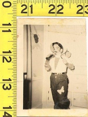 A875   Vintage 1950s Photograph   Boy Tipping Pint in Halloween Hobo 