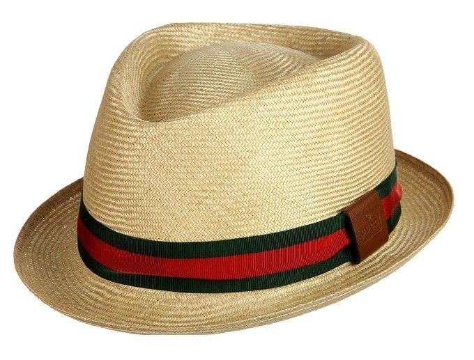 NEW GUCCI STYLISH BEIGE STRAW GREEN/RED SIGNATURE WEB FEDORA HAT S