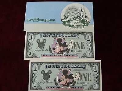 ESTATE VINTAGE PAIR CRISP 1987 DISNEY DOLLARS SEQUENTIAL SERIALS 