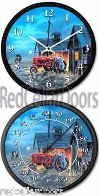 NEW DAVE BARN FARMHALL H TRACTOR ILLUSTRATION CLOCK & THERMOMETER SET 