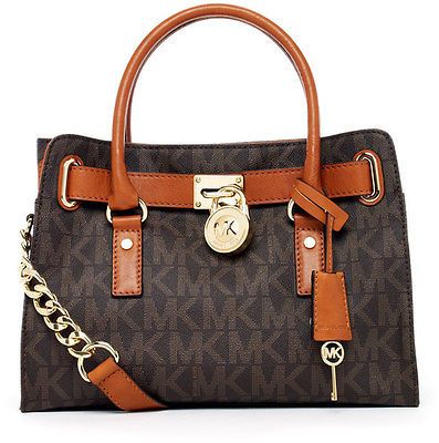 New Auth Michael Kors Hamilton MK Logo Signature PVC Satchel, Brown