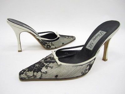 DIANE B. White Black Lace Mules Pumps Sz 38.5 8.5