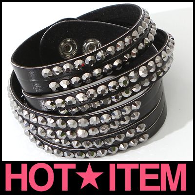 BR2058 Black 4 Line Rollup Leather Rhinestone Bracelet