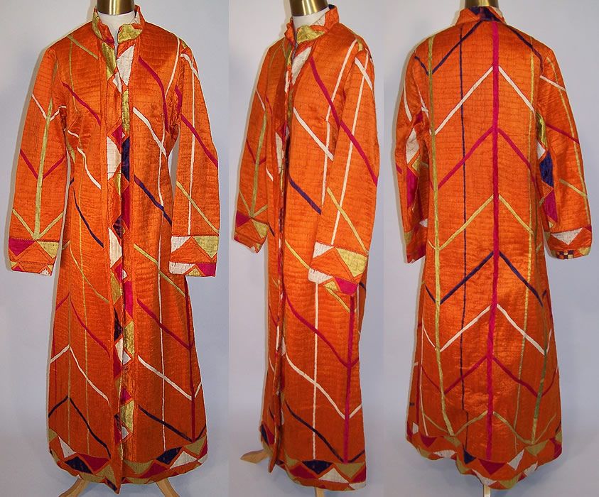 Vintage B Altman Nat Raj Nataraja India Orange Embroidered Long Kaftan 