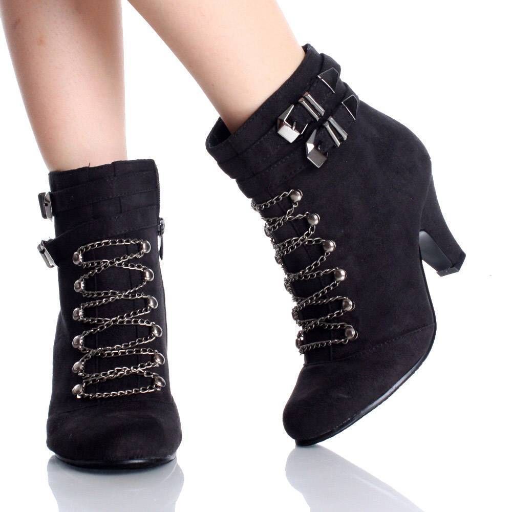 Black Ankle Boots Booties Goth Punk Chain Faux Suede Womens High Heels 
