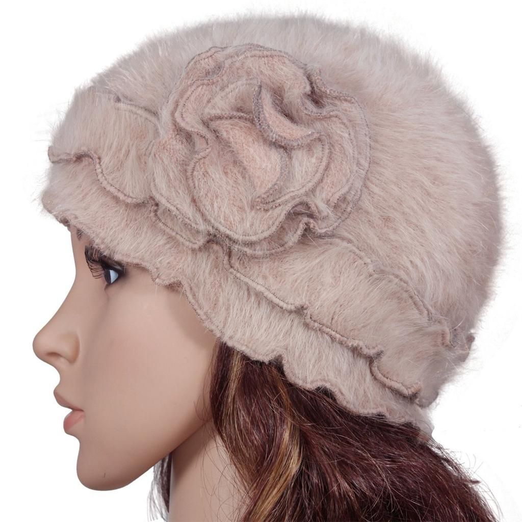 Angora Classic Flower Ruffle Laciness Knitted Womens Winter Beanie Cap 