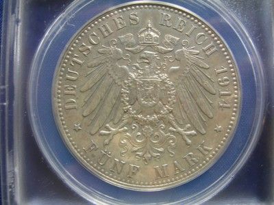 Anhalt Dessau 1914A 5 Mark Silver Wedding ANACS AU 55 Details Polished 