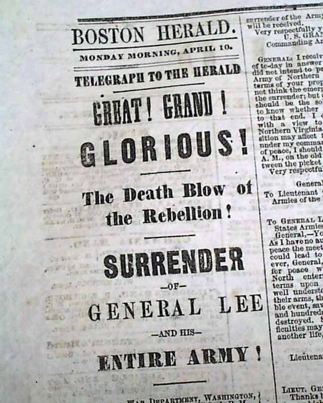 Great 1865 Civil War Newspaper APPOMATTOX COURT HOUSE Robert E. Lee 