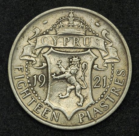 1921, Cyprus (British Admin.), George V. Silver 18 Piastres Coin. VF+