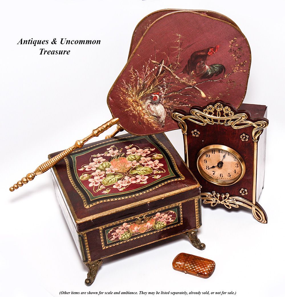 Antique French Art Nouveau Desk or Mantel Clock, Wood & Polished Brass 