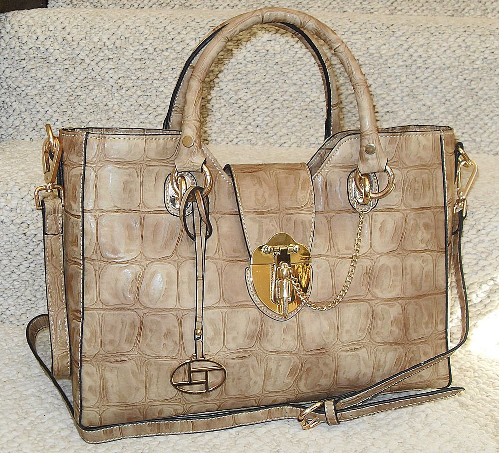 New Quality La Terre Croc Embossed Pin lock Satchel Bag, Tan