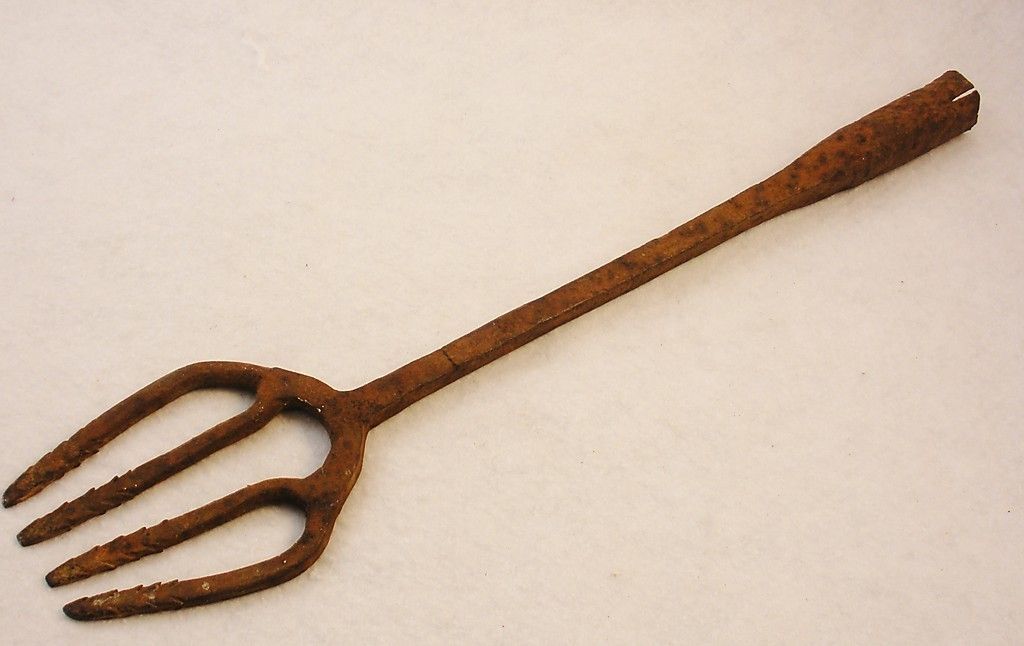   Antique Large Handwrought Cast Iron Meat Fork Spear Pitchfork Tool