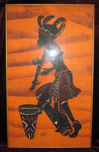 african art fabric painting of fire dancer drummer with delight we 